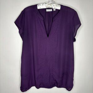 New York & Company Purple Cap Short Sleeve Blouse Pleated Front Panel Women XL